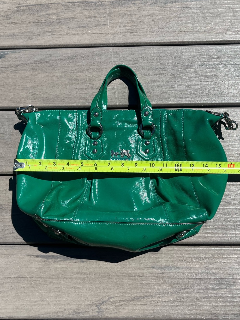 Coach; Emerald Green; Patent Leather; Duel Handle; Medium Satchel; Minimal Wear - Picture 3 of 15